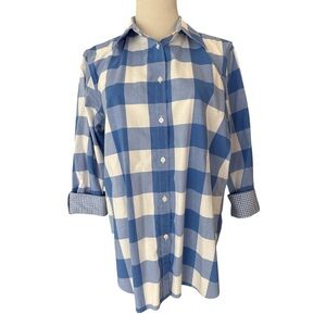 Chaps Button Up No Iron Top Block Check Blue White Large 3/4 Flip Cuff Sleeves